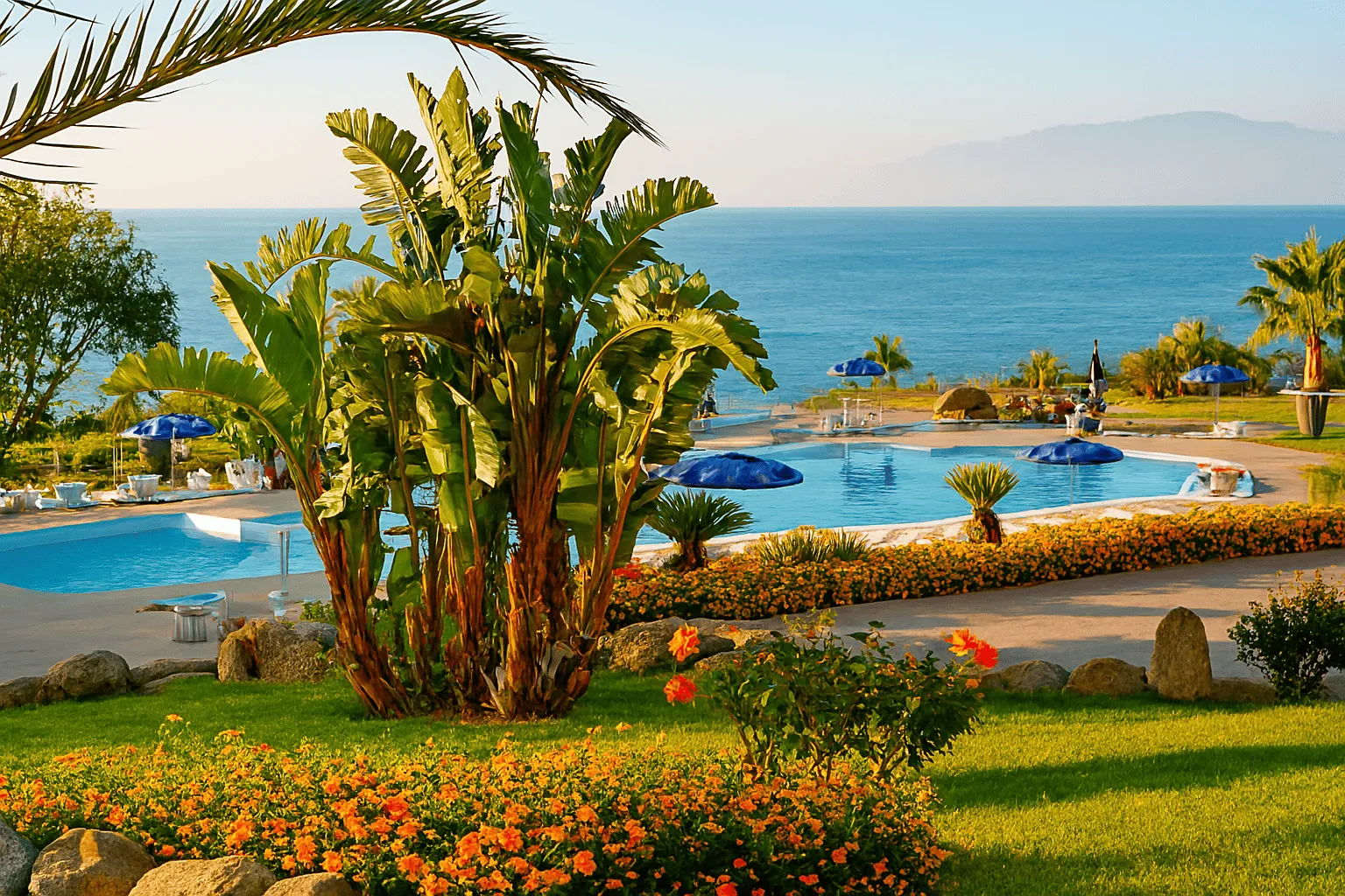Giardino con piante tropicali e fiori arancioni, piscina e vista mare al tramonto